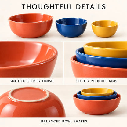 Close-up of the Verdelique bowl set glossy surfaces, rounded rims and balanced shapes