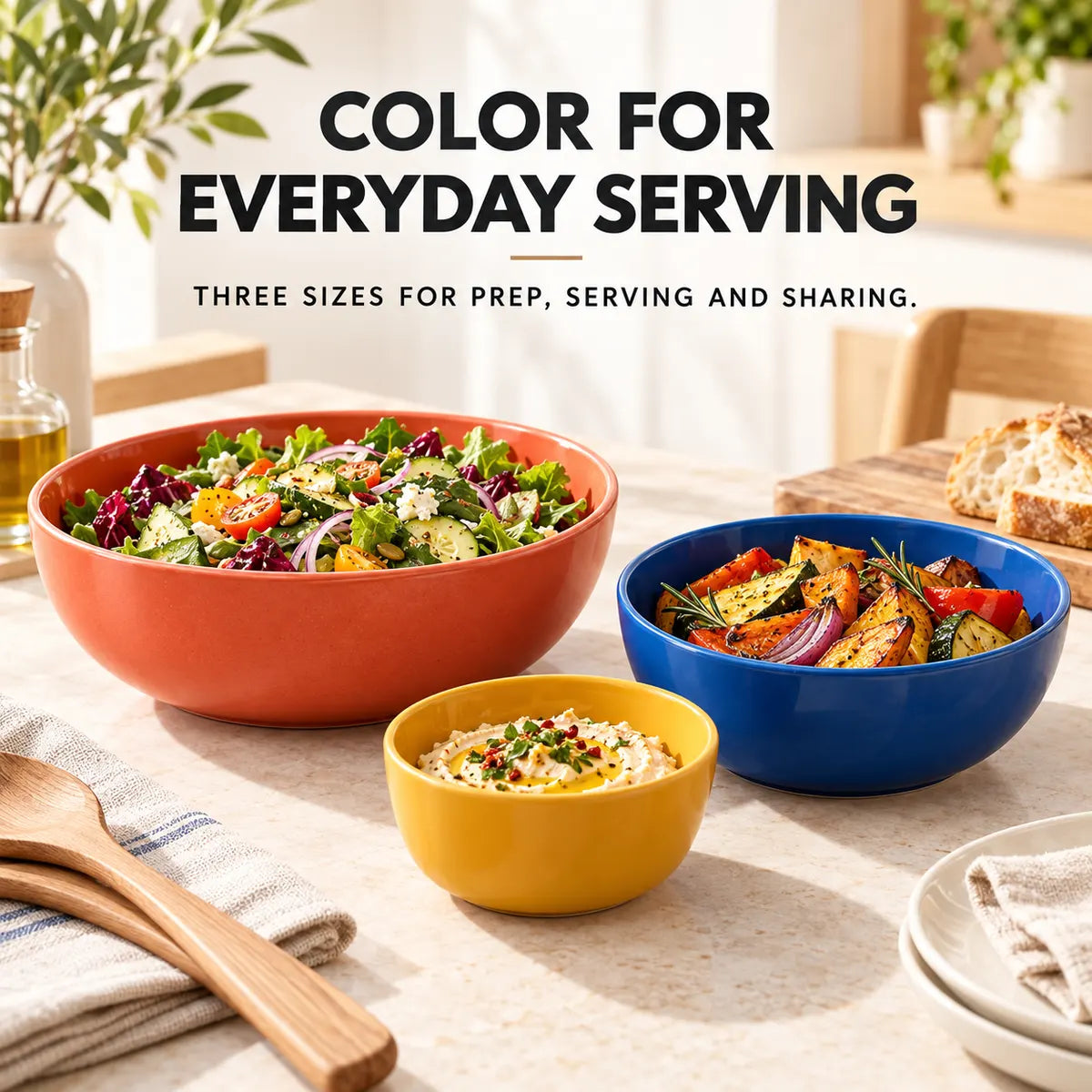 Colorful Verdelique bowls serving salad, roasted vegetables and dip